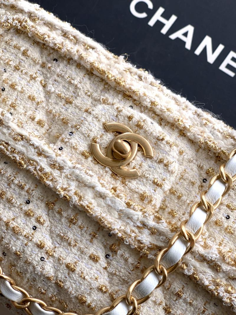 Small Chanel Tweed Flap Bag White A01117