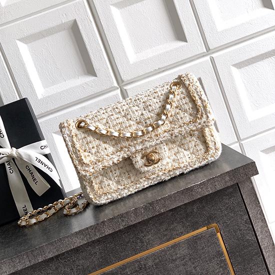 Small Chanel Tweed Flap Bag White A01117